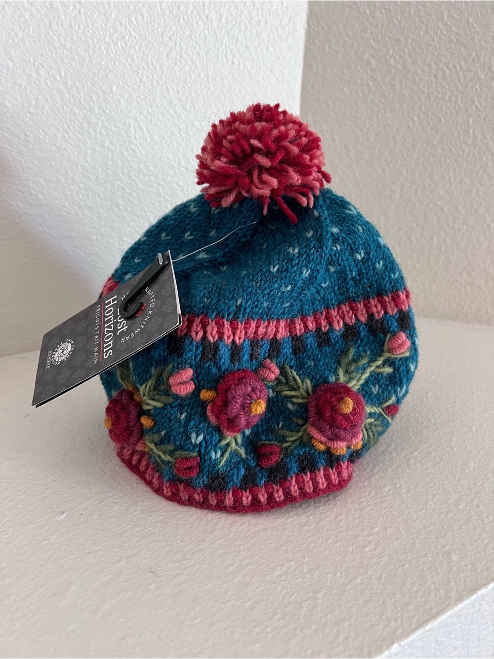 NWT Sundance / Lost Horizons Teal Knit Pom Hat with Pink Floral Embroidery